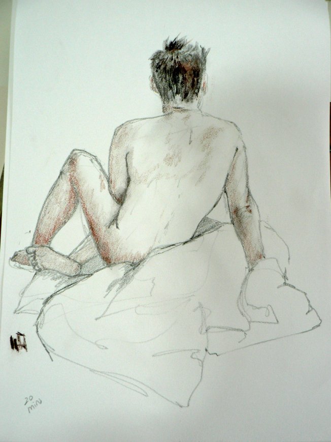 Sketch of Gwyon - 20 min pose on A3 paper in sepia, carbon and graphite