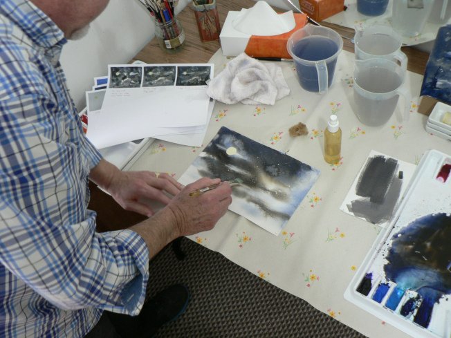 A moody sky in the making where wet paper and tube paints are your friends...